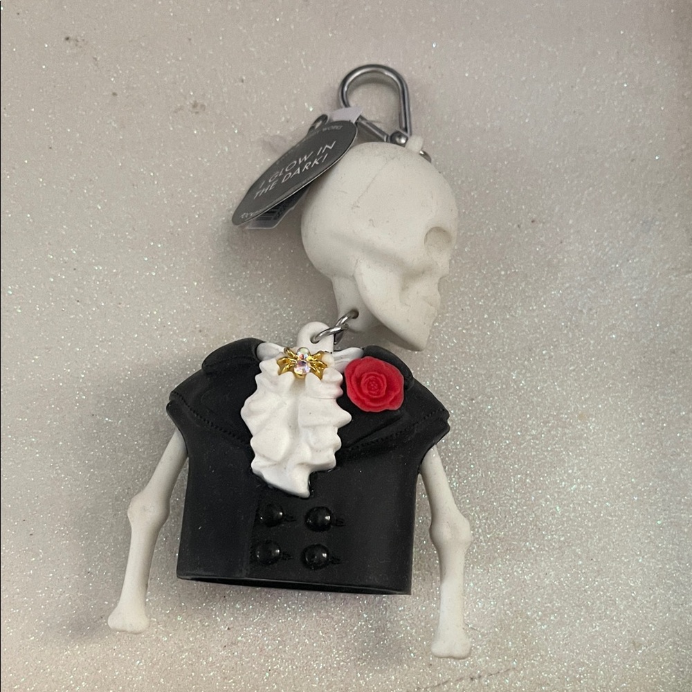 Skeleton Keychain with Black Jacket and Red Rose Pocketbac Holder